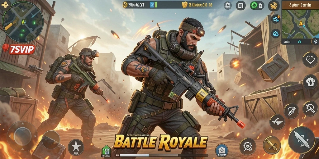 Tangkapan layar utama 7SVIP menampilkan aksi intens dalam pertempuran Battle Royale.