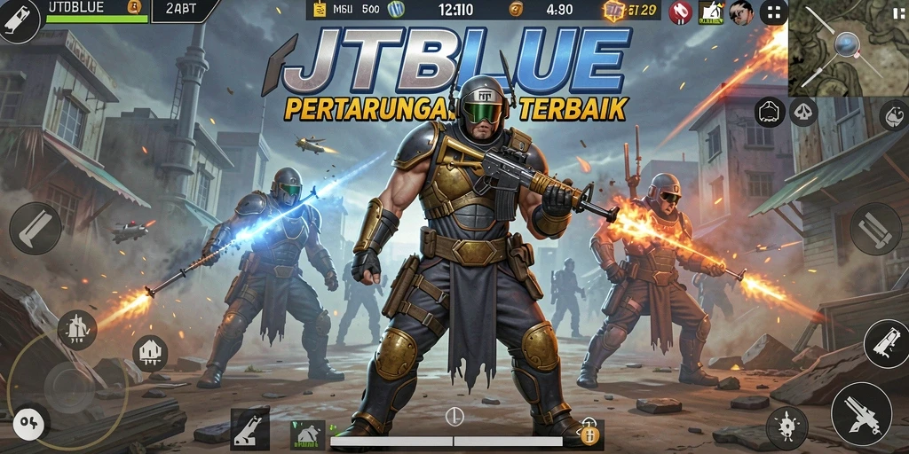 Screenshot JTBLUE menampilkan momen mendebarkan di arena Battle Royale.