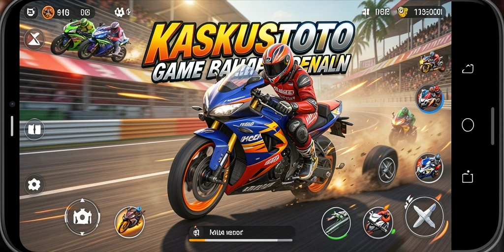Screenshot gameplay KASKUSTOTO menampilkan perlombaan motor yang mendebarkan.