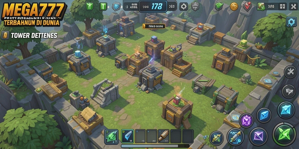 Screenshot gameplay MEGA777 menampilkan menara yang siap bertahan.